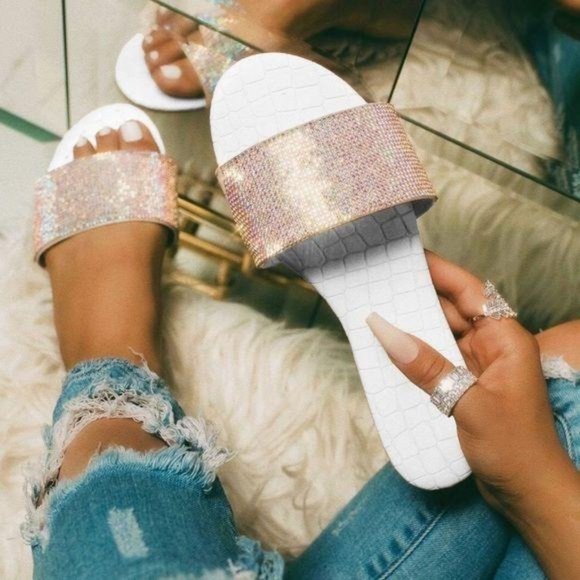 Shoes - White Patent Embellished Slides